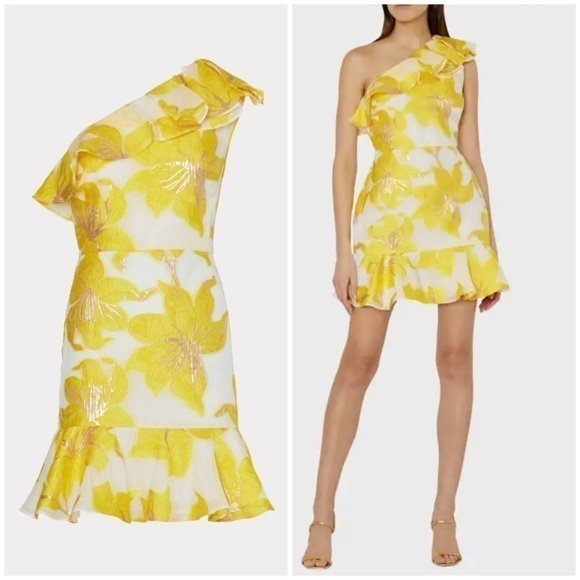 Milly Dresses & Skirts - Milly Nila Metallic Fleur Jacquard Ruffle One Shoulder Mini Dress Yellow & Gold